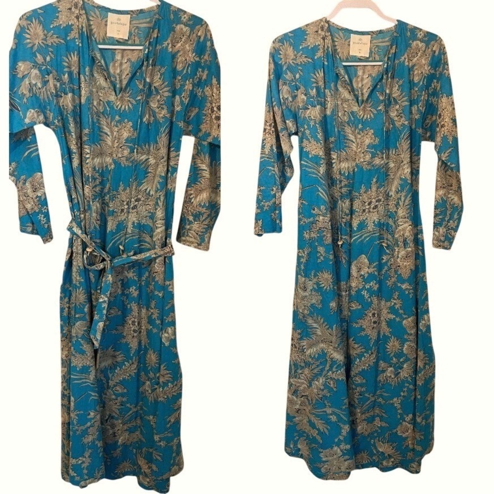 Guadalupe‎ Turquoise Floral Maxi Dress Long Sleeve Belted/Caftan Size S Resort